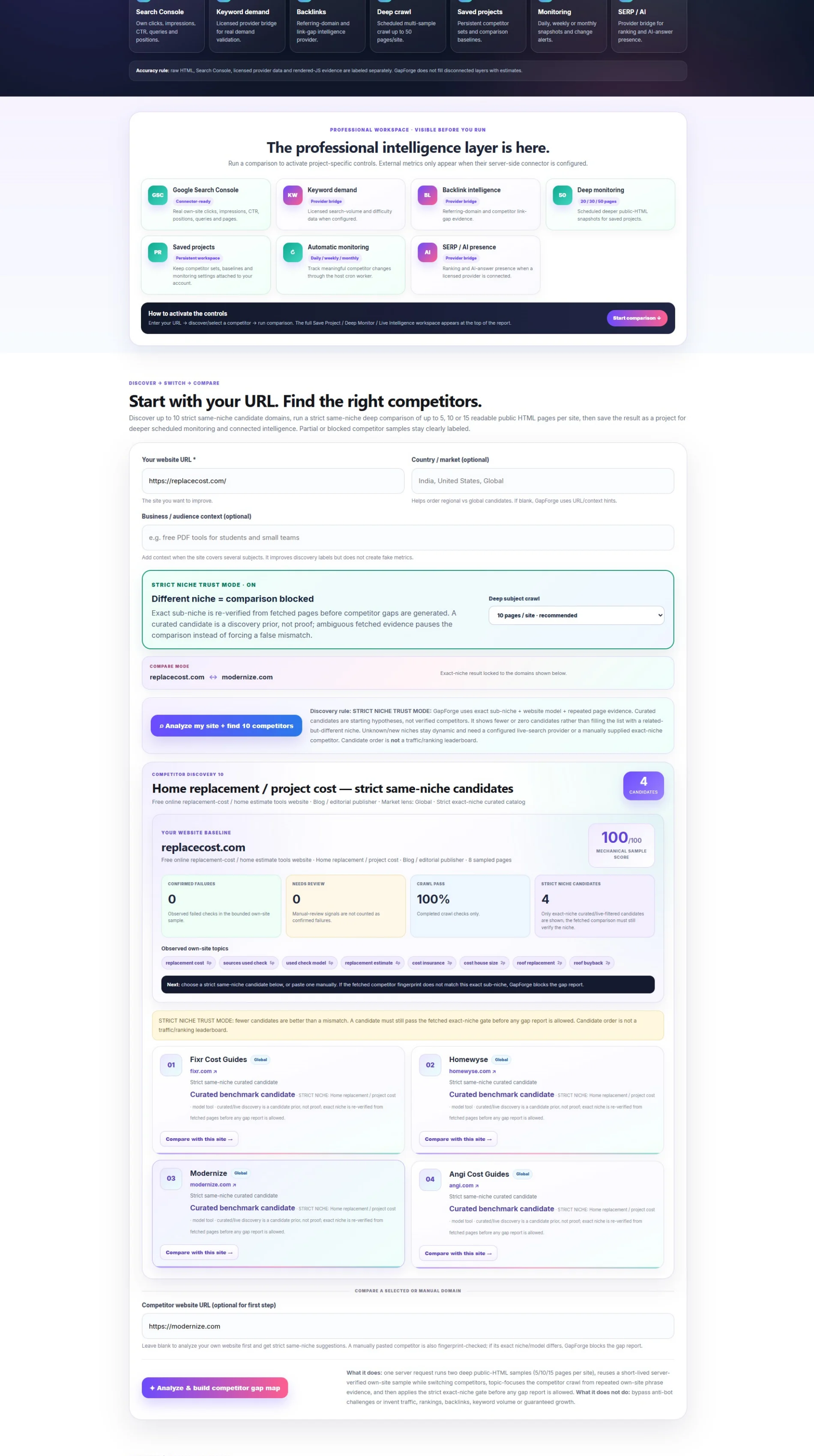 GapForge Pro competitor discovery and strict same-niche candidate example