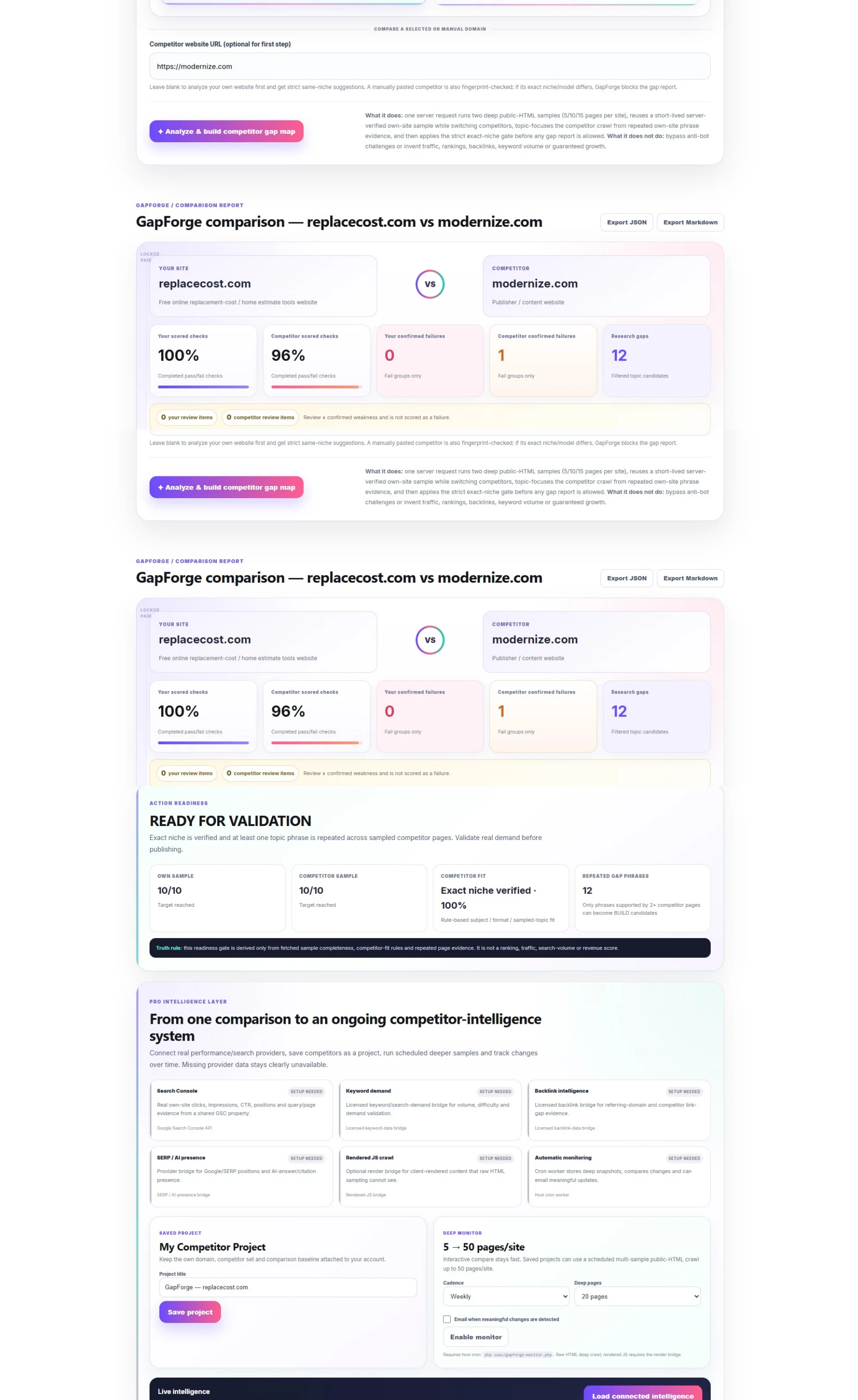 GapForge Pro comparison summary and action readiness example