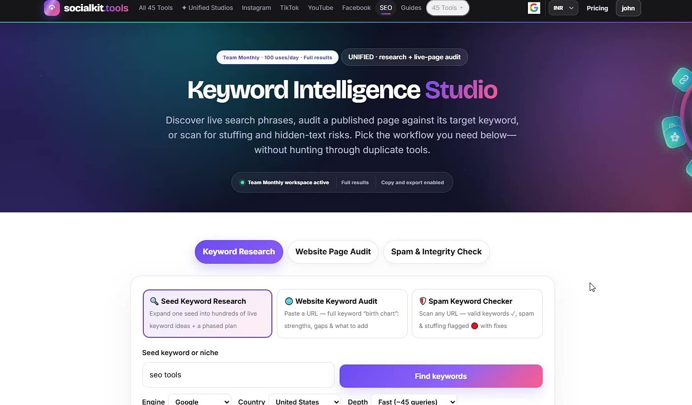 Keyword Intelligence Studio seed keyword research input example