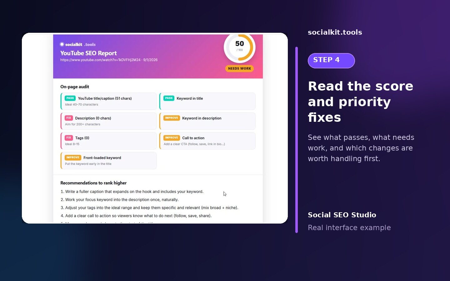 Review score and priority fixes in a Social SEO Studio report
