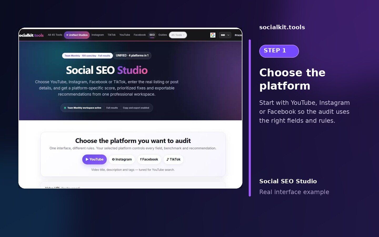 Choose a platform in Social SEO Studio